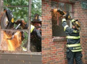 Firefeighters and metal casement windows