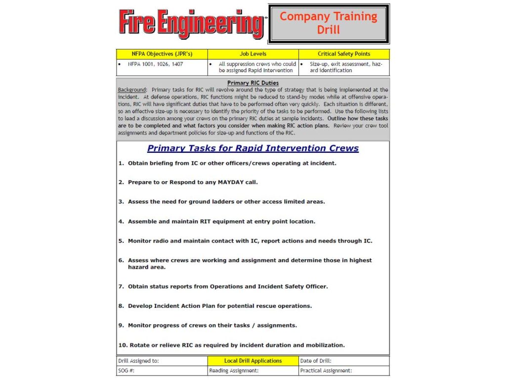 RIC duty questions firefighter training drill