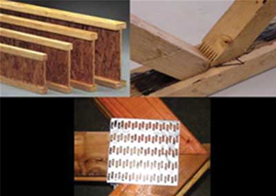 (1) Typical lightweight engineered wood-frame components. Clockwise from top left, truss joist I-beams, fingerjointed wood truss, and lightweight wood truss components connected with a gusset plate. (Photo courtesy of Underwriters Laboratories.)