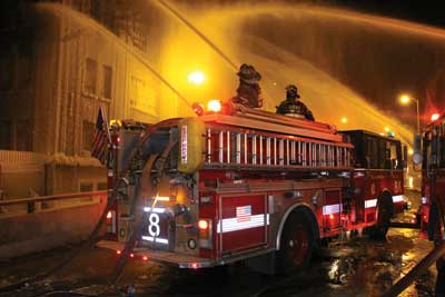 (3) A Chicago Fire Department (CFD) engine company operates its deck gun in conjunction with other master stream devices. In subzero temperatures, the incident commander (IC) must understand what the temperature is going to do to the entire operation once water starts on the fire. The IC must also expect water problems in virtually every part of the delivery system: hydrants, hoselines, pumps, and aerials. Engine companies must always conceive their plans A and B simultaneously because of potential unserviceable hydrants.