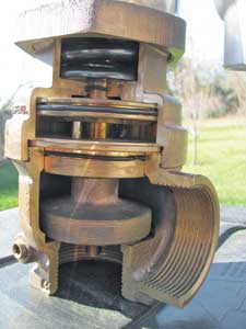 (20) A cut-away of a field-adjustable PRV that can be adjusted by tightening springs in the upper bonnet with a special adjustment rod. (Photo by Mac McGarry.)