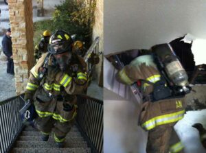 Firefighter on the stairs and a firefighter going through the floor