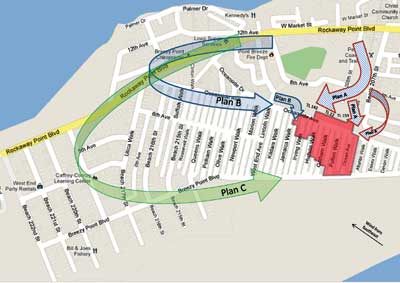 The incident commander visualized a mental map of the conflagration (the shaded area) and then ordered a three-prong attack that combined flanking strategies with direct tactics to contain the fire in this section of Breezy Point known as the 