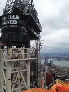 (1-6) These photos show the main boom blown over the cab and main frame of a 1,000-foot-tall tower crane. (Photos by Aron Buch, Rescue 1.)