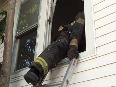 When entering from a ladder, it is important to keep one hand on the ladder to maintain orientation with the egress and to prevent the beams from sliding.