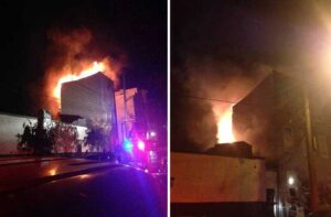 two buildings on fire