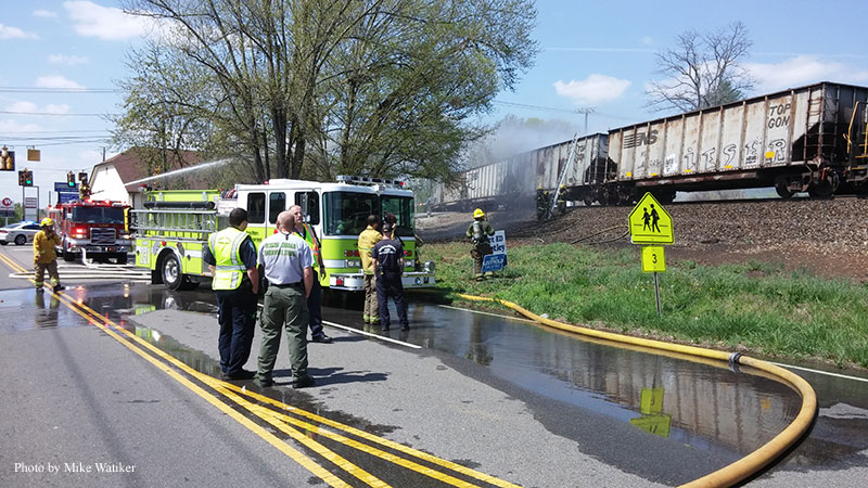 Fire crews and rigs at a Tennessee train fire.