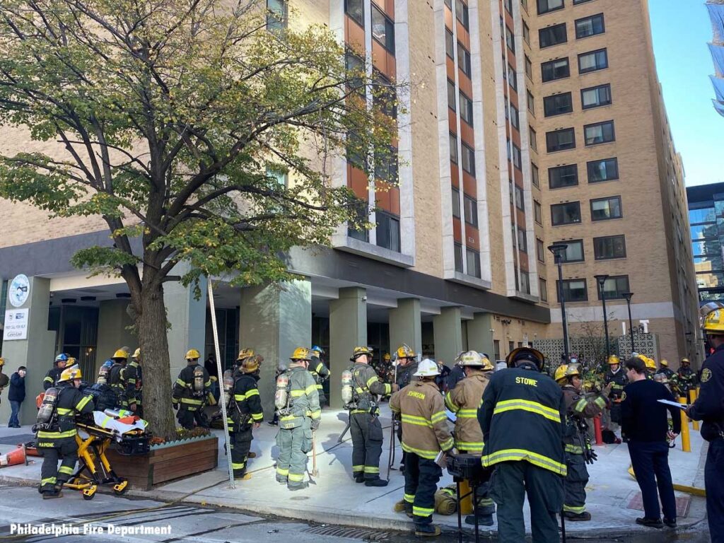 Philadelphia firefighters at high-rise fire scene