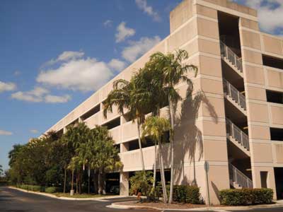 large multistoried open-air parking garage