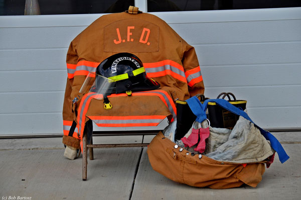 Firefighter gear at the Justice (NC) Fire Department Station.