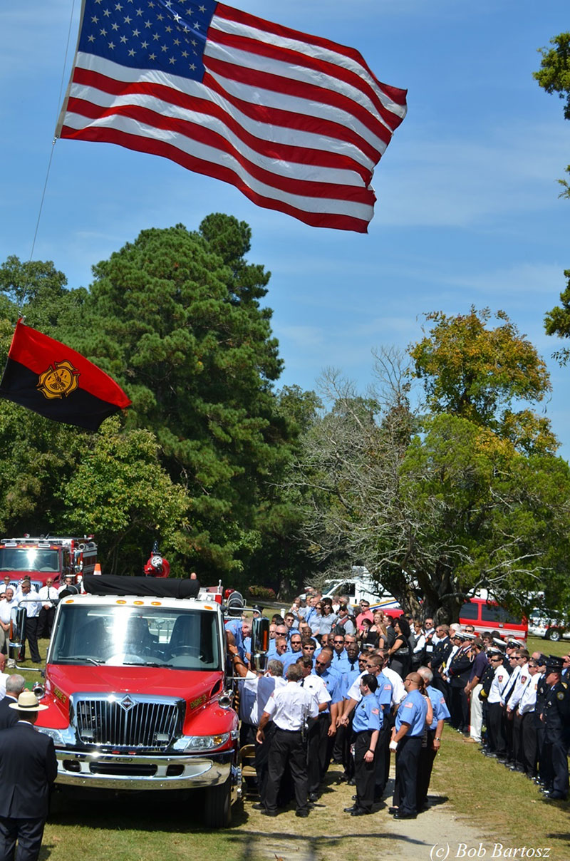 Firefighters and friends at the funeral for fallen Justice (NC) Firefighter Derek Gupton.