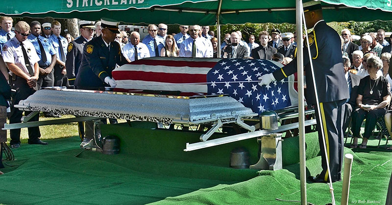 The casket bearing fallen Justice (NC) Firefighter Derek Gupton during the service.