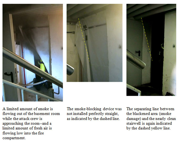 Demonstration of the effects of using a smoke-blocking device during compartment fires.