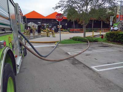 (4) One of the two apparatus pumping two three-inch hoselines to the FDCs