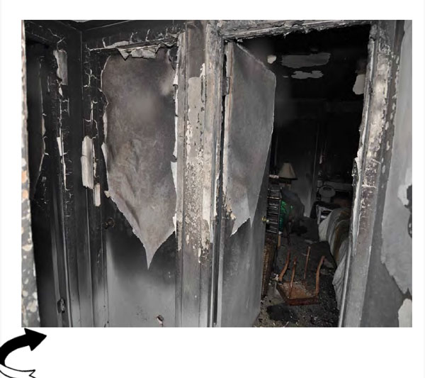 Firefighting public education: Photo showing interior devastation from a fire. Courtesy the ATF.