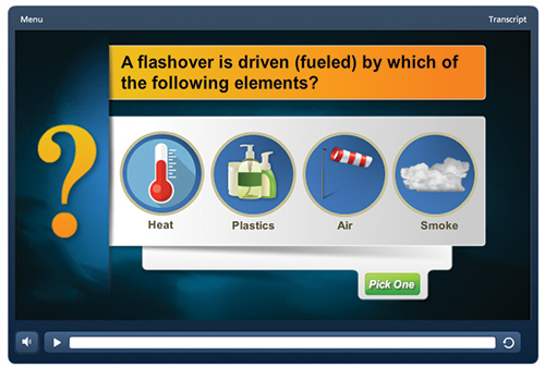 (1<b>-2)</b> Opening page of flashover module and sample question. <i>(</i>Photos courtesy of author.) 