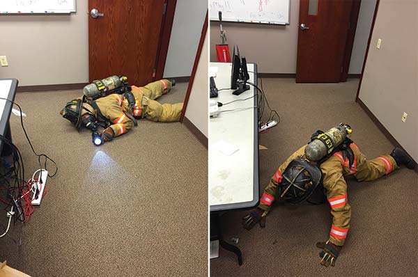 (1) All firefighters should have a good hand light that enables them to see across a room during a search. (<i>Photos by Chris Baines.</i>) (2) Walking the walls allows the firefighter to get his hands out into the egress areas to feel and reach for victims.