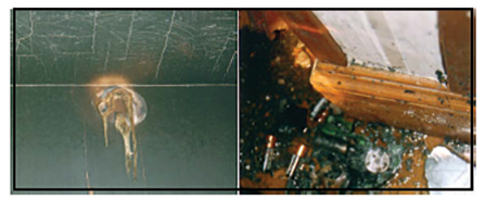 <b>(1-2)</b> The image on the right shows the remains of the melted alarm mounted on the wall (left image). Even though only some of the parts of a smoke alarm survive the fire, the parts that remain are often enough to identify the type of alarm. (Photo by Joseph Fleming.)