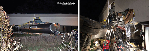 (1<b>, 2) </b>The building's C side. The tanker rolled onto the driver's side and penetrated the building. [Photo 1 courtesy of Cumberland County (PA) Coroner's Office; photos 2-7 by Randy Padfield.]