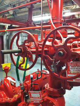 Note the open OS&Y valve to the main riser piping and the closed valve to the fire pump test header. Mistakenly pumping into the test header connection would be pumping to a dead end. 