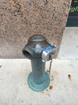 This connection on a post at street level from a distance would appear to be an FDC with a missing female swivel. However, closer inspection reveals that this is in fact a fire pump test header. An engine company that would use adapters to attach hoses and charge this connection would be making a major tactical error.