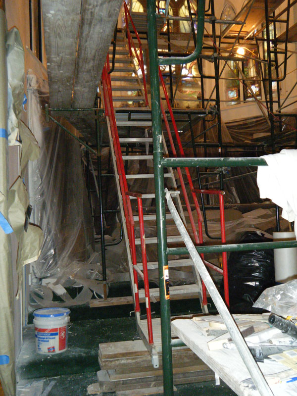 A scaffold stair tower that was part of the four-story scaffold system inside a church during renovation.