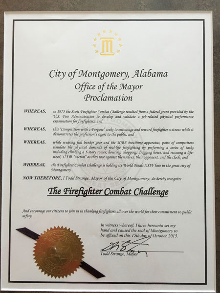 An official proclamation recognizing the Firefighter Combat Challenge.