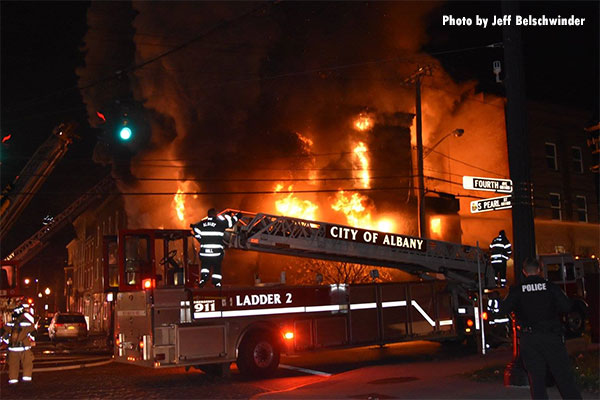 Crews on the scene of a three-alarm fire in Albany, New York.