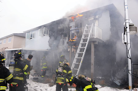 (3) A portable ladder was placed at the second-floor porch as a secondary means of egress. Because of the fire’s progression, this ladder might not be a viable option for members on the interior.