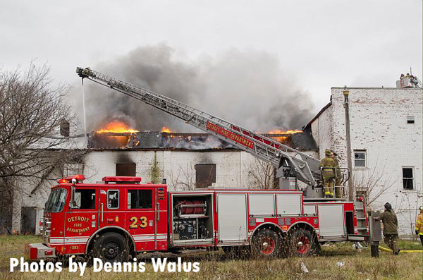 Detroit firefighters respond to a fire in a vacant commercial building.