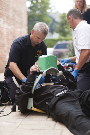 (1) LUCAS 2 in use on a patient. <i>(Photo courtesy of Physio-Control Corporation.)</i>