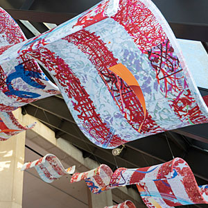 A snapshot of one of the 16 patriotic flag banners that was officially unveiled in the OneAmerica Tower lobby.