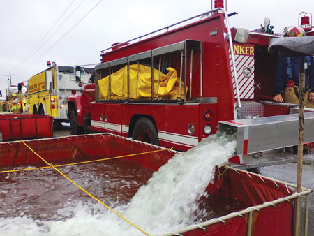 (1) Water shuttle operations can support flows in excess of 1,000 gpm but require effective planning and management to succeed. <i>(Photos by author.)</i> 