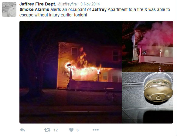 Tweet from Jaffrey Fire Department about smoke alarms.