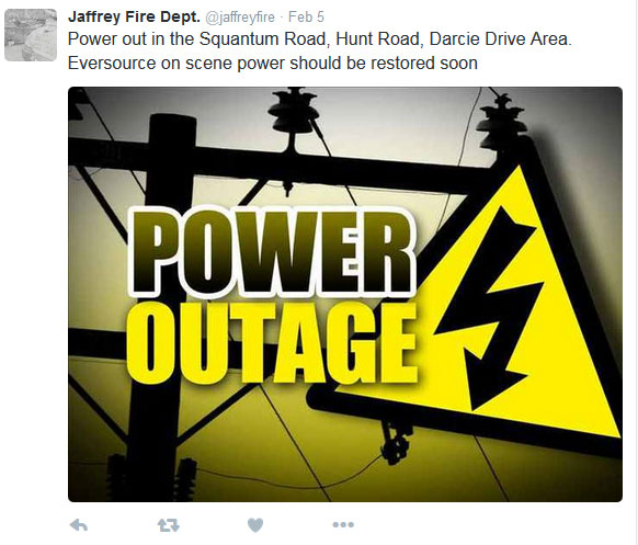 Tweet from Jaffrey Fire Deptartment announcing power outage