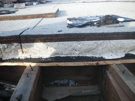 (4) This top roof layer, common in older apartment buildings, has poor insulation in the joist space. The roof depth will vary, hence the need for inspection when cutting.