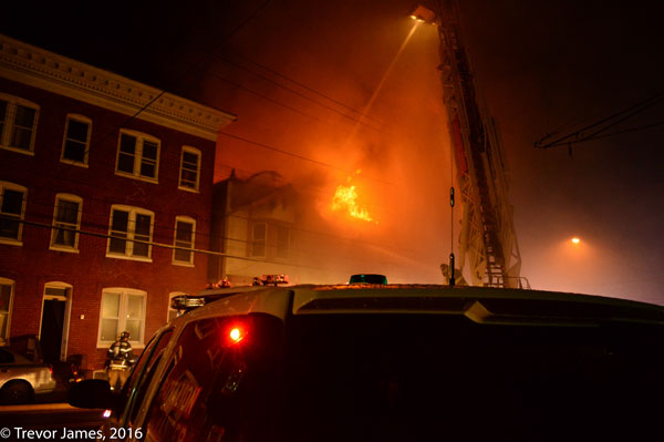 Firefighters respond to a multi-alarm fire in Hagerstown, Maryland.