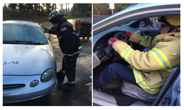 A firefighter approaches and asks the patient to follow some simple commands at an extrication scene.