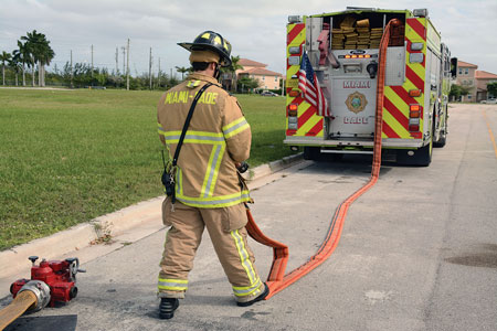 (18) This is the procedure to use if an engine laying an LDH supply line runs out of hose. The lay is completed with three-inch hose connected to the manifold.