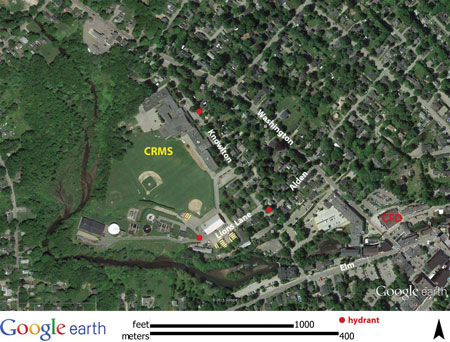 (1) Aerial imagery from Google Earth is an excellent preplanning tool. This larger-scale image of the school and the surrounding neighborhood was useful in discussing routes to the scene, water supply options, mutual-aid staging, and other concerns. <i>(Courtesy of Google Earth.)</i> 