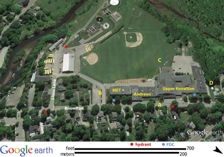 (1) Aerial imagery from Google Earth is an excellent preplanning tool. This larger-scale image of the school and the surrounding neighborhood was useful in discussing routes to the scene, water supply options, mutual-aid staging, and other concerns. <i>(Courtesy of Google Earth.)</i> (2) This aerial image was rotated so that the A side is at the bottom. It provided for a good discussion about truck placement options.<i> (Courtesy of Google Earth.)</i>