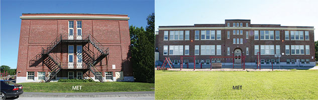 (3-4). The B and the C sides of the school. Exterior images taken from each side are also helpful: We had a good discussion about aerial placement, roof access, and upper-floor rescue options. <i>(Photos 3-7 by author.)</i>