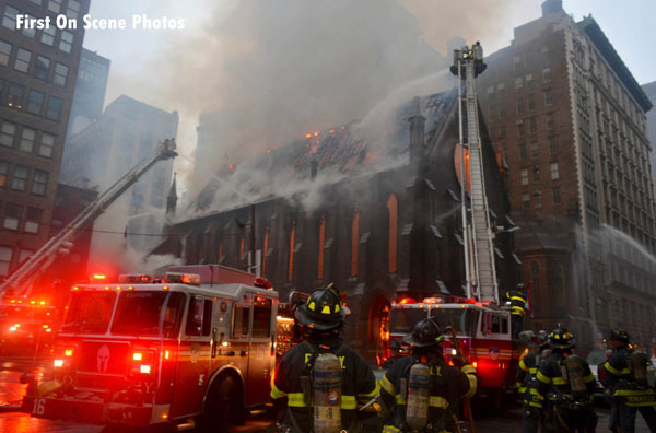 FDNY units on scene at a massive fire in a historic church in New York City.