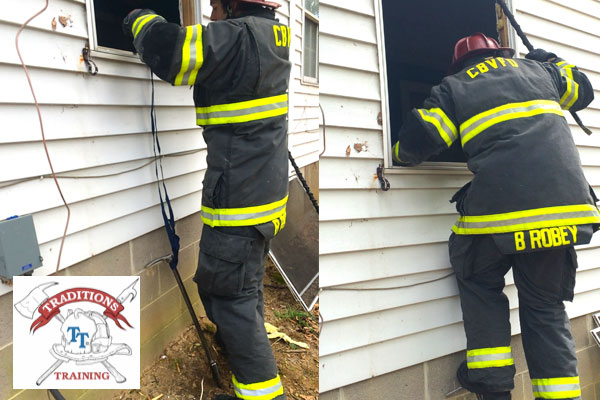 A firefighter gains access to the first floor to perform vent-enter-search.