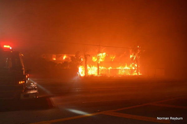 Firefighters at the scene of a warehouse fire in Sanford, Florida.