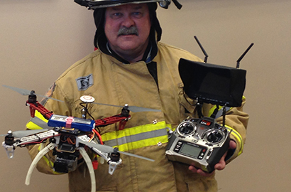 Brookings Fire Chief Darrell Hartmann with the F-450 Quadcopter