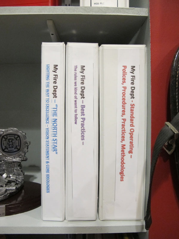 Standard operating procuedures, Best Practices, and a Values Based document can be found in engine houses across the county.