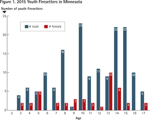 In 2015, 386 youth-set fires were reported in Minnesota, of which 185 listed neither age nor gender. “Age as a factor” listed 103 cases and “playing with ignition source” listed 131 cases. Forty cases were listed as under both ”playing with ignition source” and “age as a factor.” The youth fire intervention module revealed another 54 cases, and a search of the narrative reports yielded an additional 138 cases. Many of the cases found in the narratives did not list an ignition or a human factor. Of those that did list ignition factors, “misuse of materials” and “undetermined” were most prevalent. The ”undetermined” narratives stated that youth misusing fire could not be ruled out, and the situations were indicative of youth-set fires. (Source: Minnesota State Fire Marshal Division.)