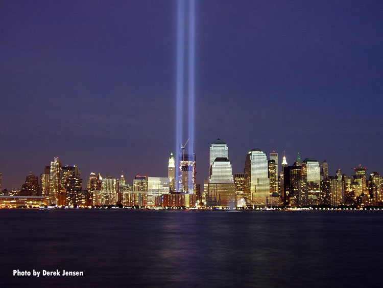 A view of Lower Manhattan with the tribute in light at Ground Zero.