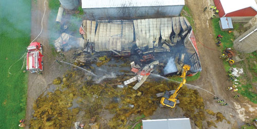 <b>(3) </b>Pictures of a barn fire that was concluded to be a total loss. These pictures were taken for investigation purposes and helped diagram where on the property the barn was. These images also helped show where the most damage to the barn was sustained, which could ultimately help find the origin and cause of the fire. (Photos by Gary Acker.)